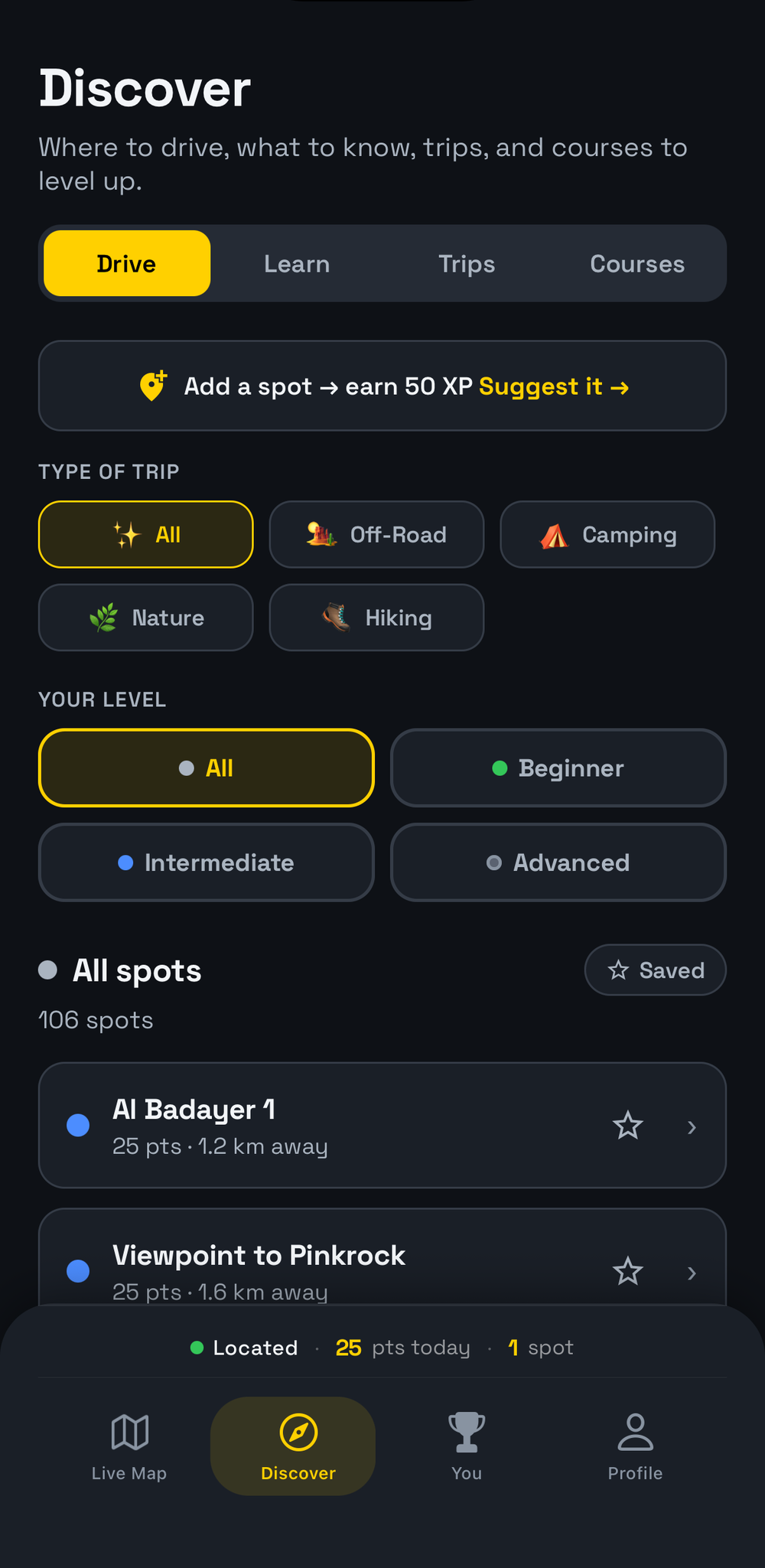 OffroadPal Discover tab listing UAE spots with Beginner, Intermediate and Advanced level filters and the distance to each spot
