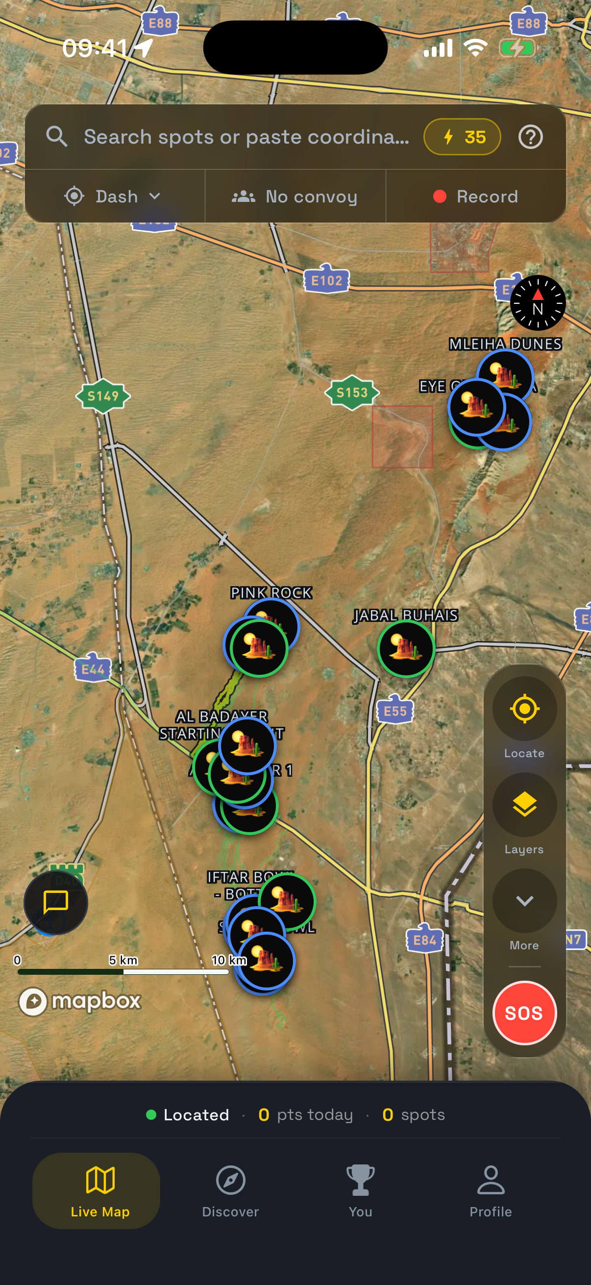 The OffroadPal app's live map: a satellite view of dune country with Big Red marked by a pin, a convoy and record control across the top, and Locate, 3D and SOS buttons down the right-hand side