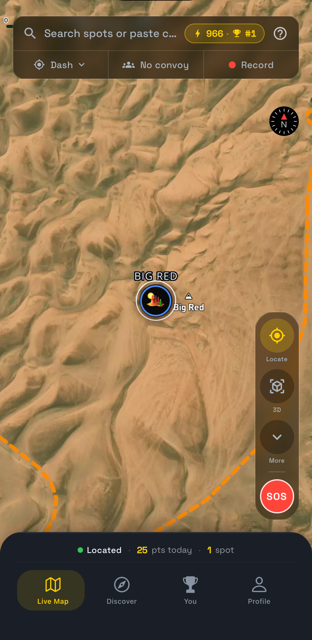 OffroadPal live map: satellite view of dunes with the Big Red spot pinned, an SOS button on the right and "Located · 25 pts today" in the status bar