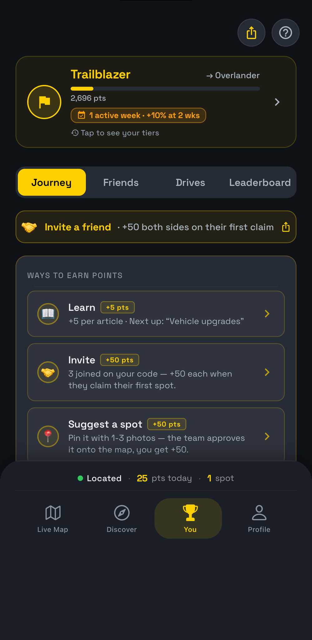 OffroadPal You tab showing a Trailblazer tier progressing to Overlander, a points total and a "ways to earn points" list