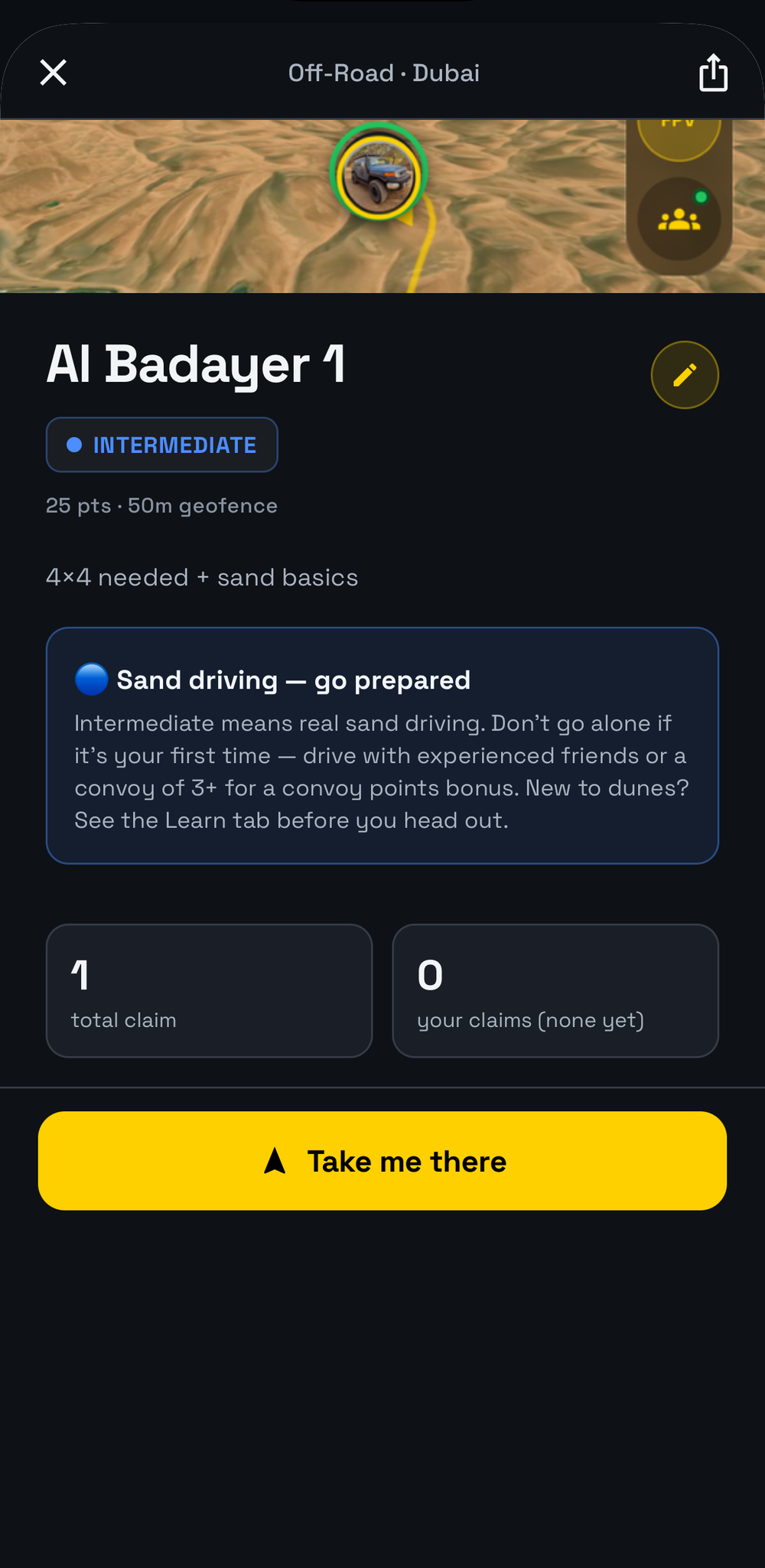 OffroadPal spot detail for Al Badayer 1: an INTERMEDIATE grade chip, "4x4 needed + sand basics", a sand-driving safety card and a "Take me there" button