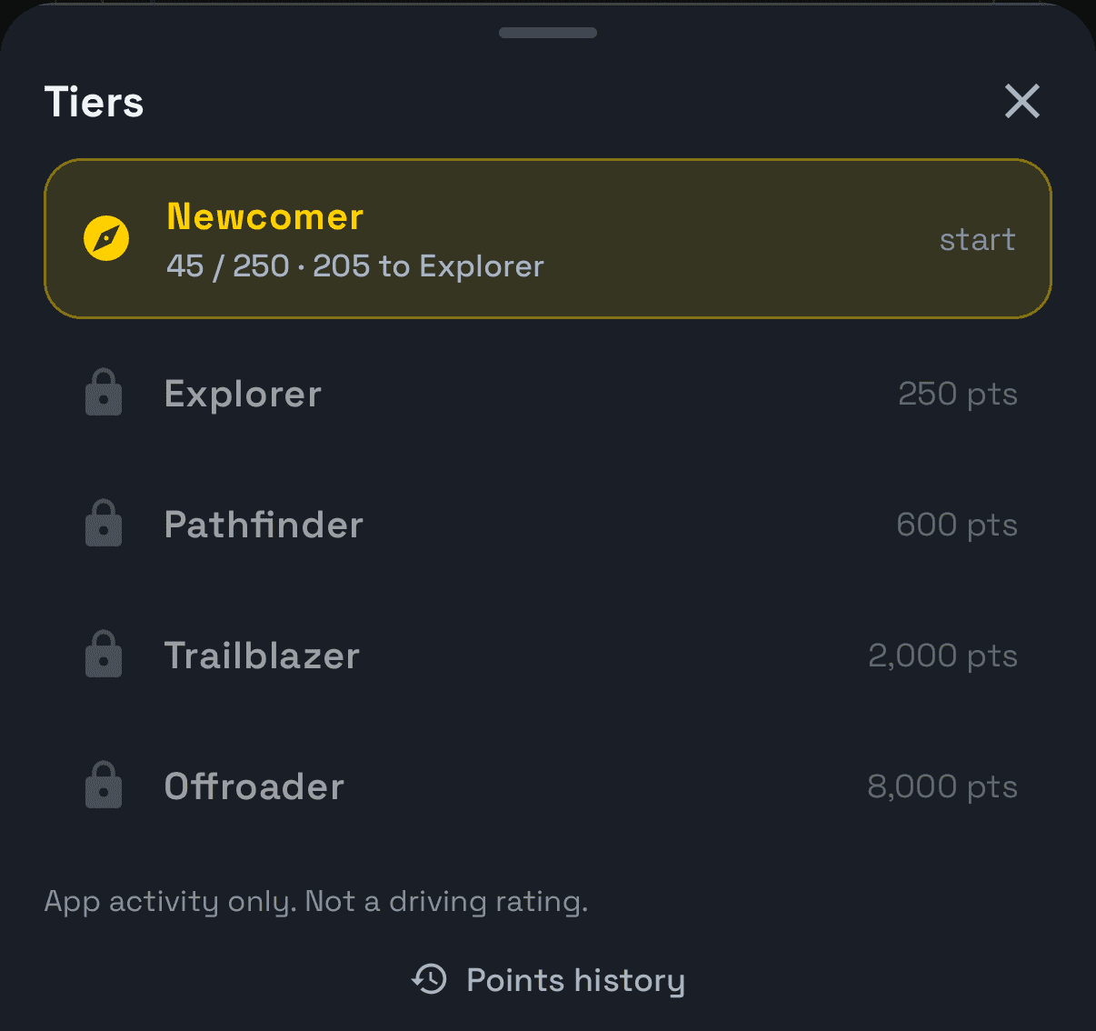 The Tiers sheet: Newcomer, Explorer, Pathfinder, Trailblazer and Offroader, with the note "App activity only. Not a driving rating."
