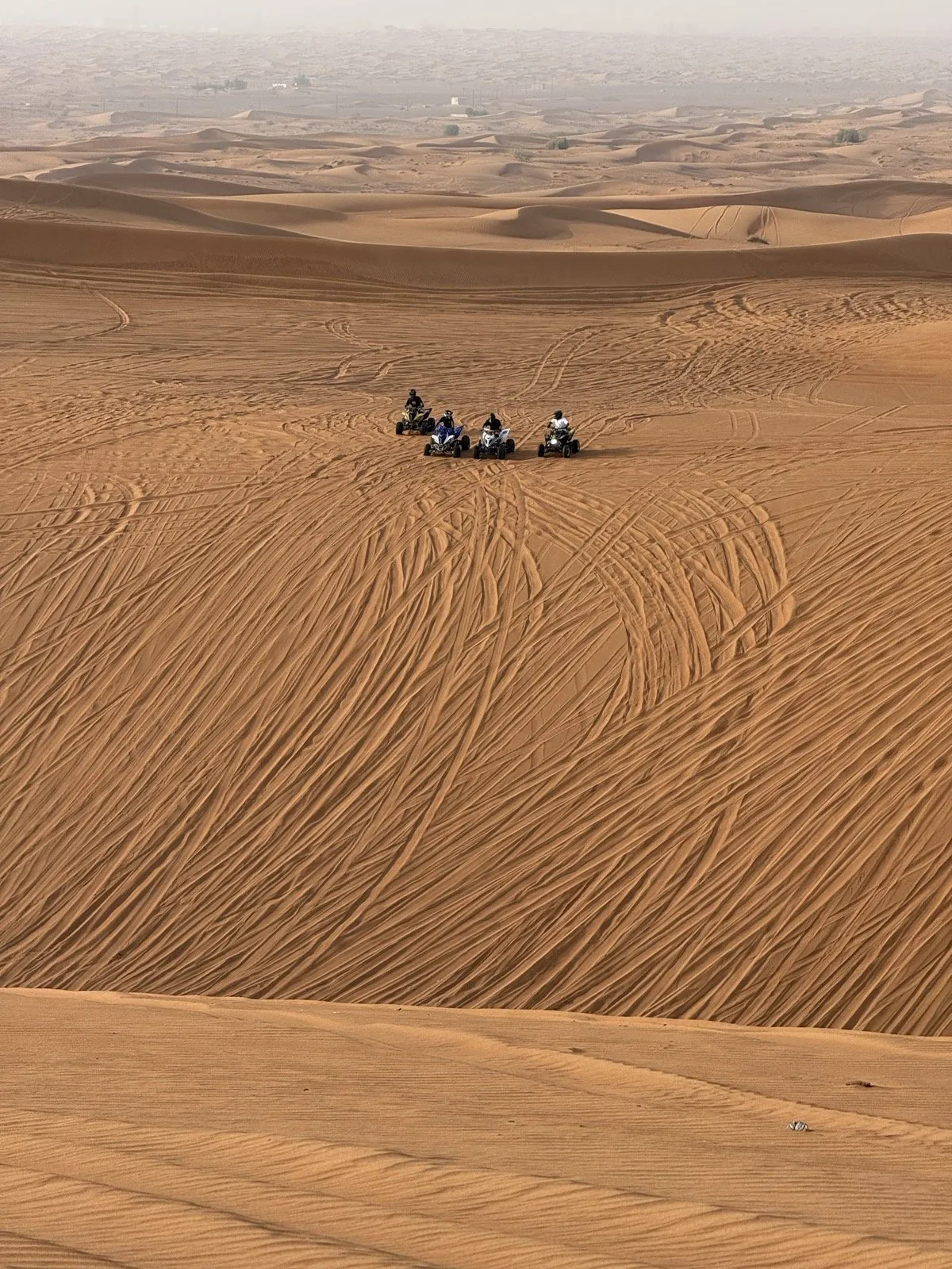 The view from Camel Rock across quad tracks, with a small group crossing the sand