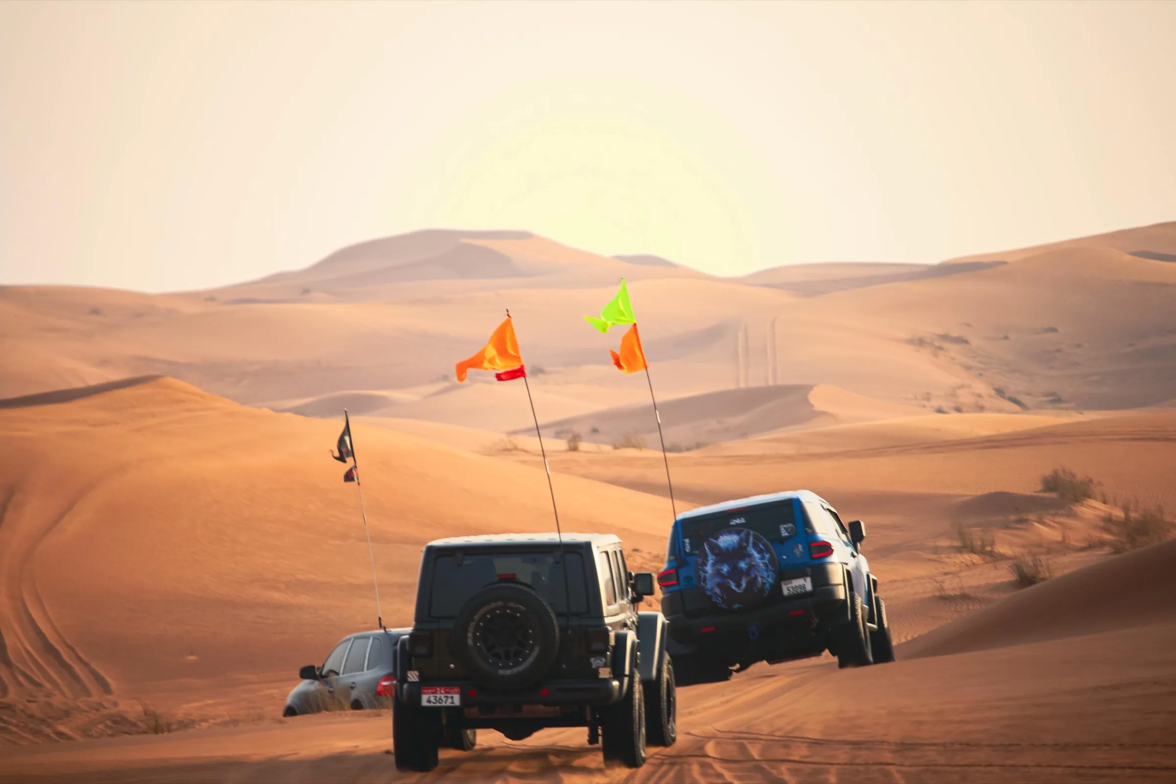 A convoy of 4x4s with safety flags crossing golden UAE dunes at sunset