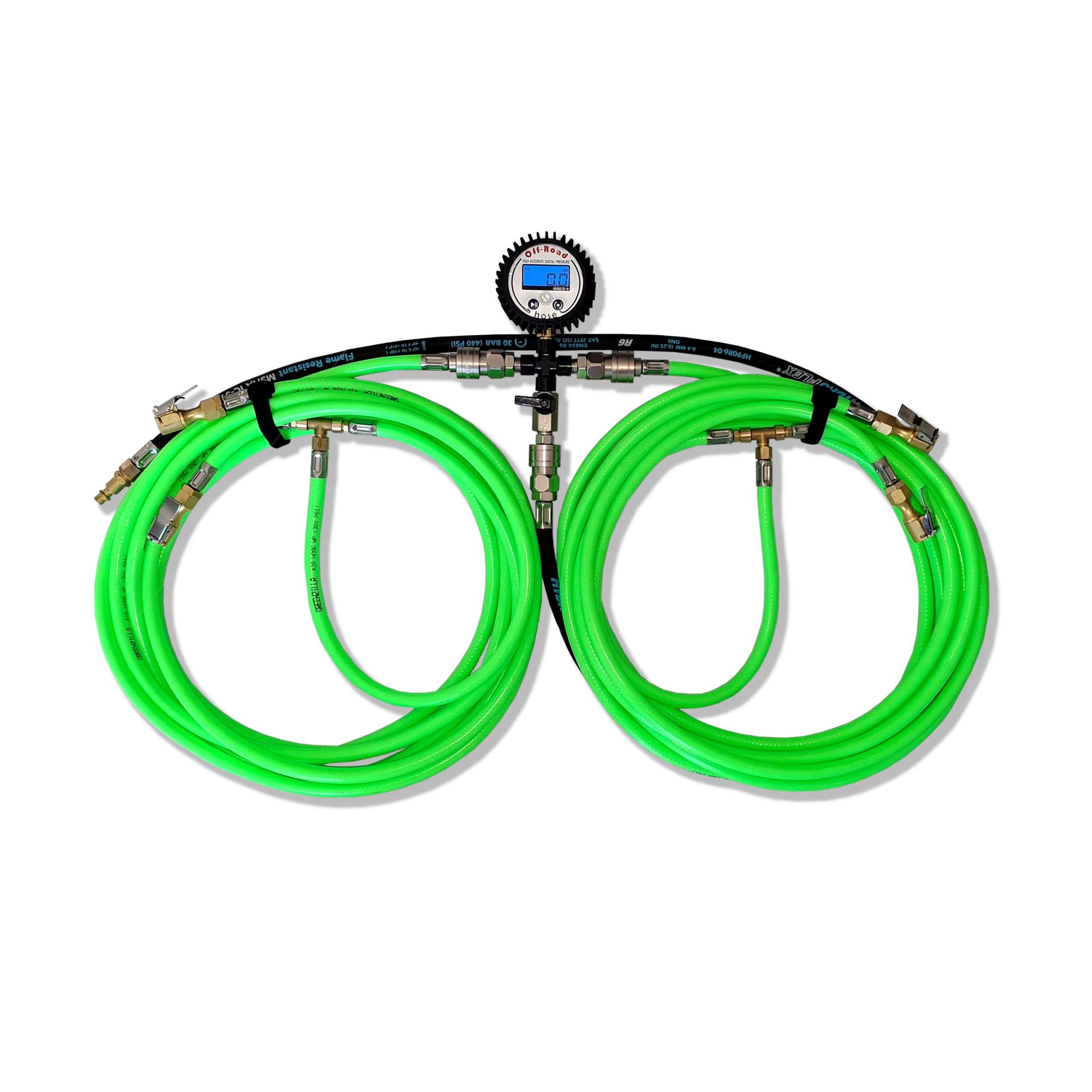 The Greenzilla 4in1: four green hoses joined at one digital gauge