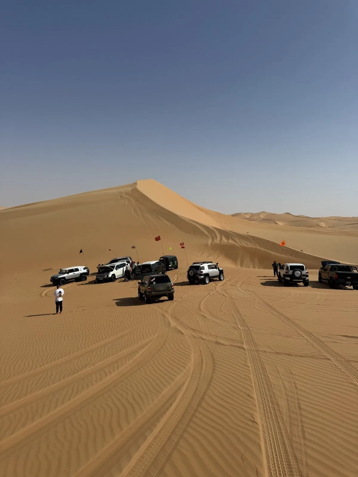 A convoy paused below a tall Liwa dune line, flags up