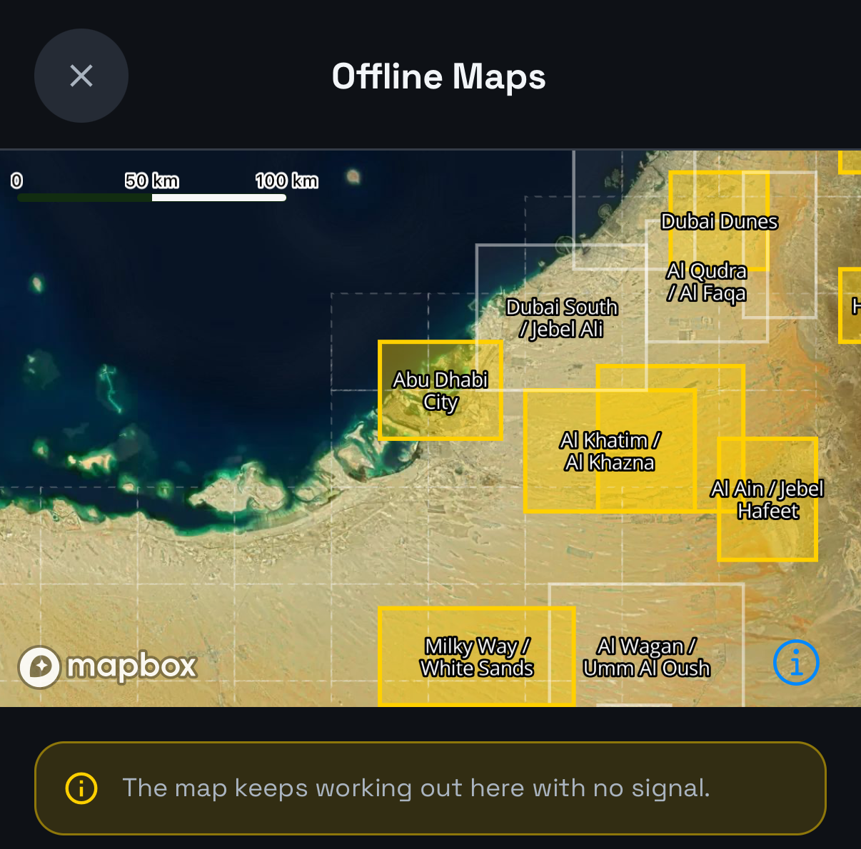 The Offline Maps screen: a satellite map of the UAE with the downloadable regions outlined, such as Dubai Dunes, Al Qudra / Al Faqa, Abu Dhabi City and Al Ain / Jebel Hafeet, and the note "The map keeps working out here with no signal."