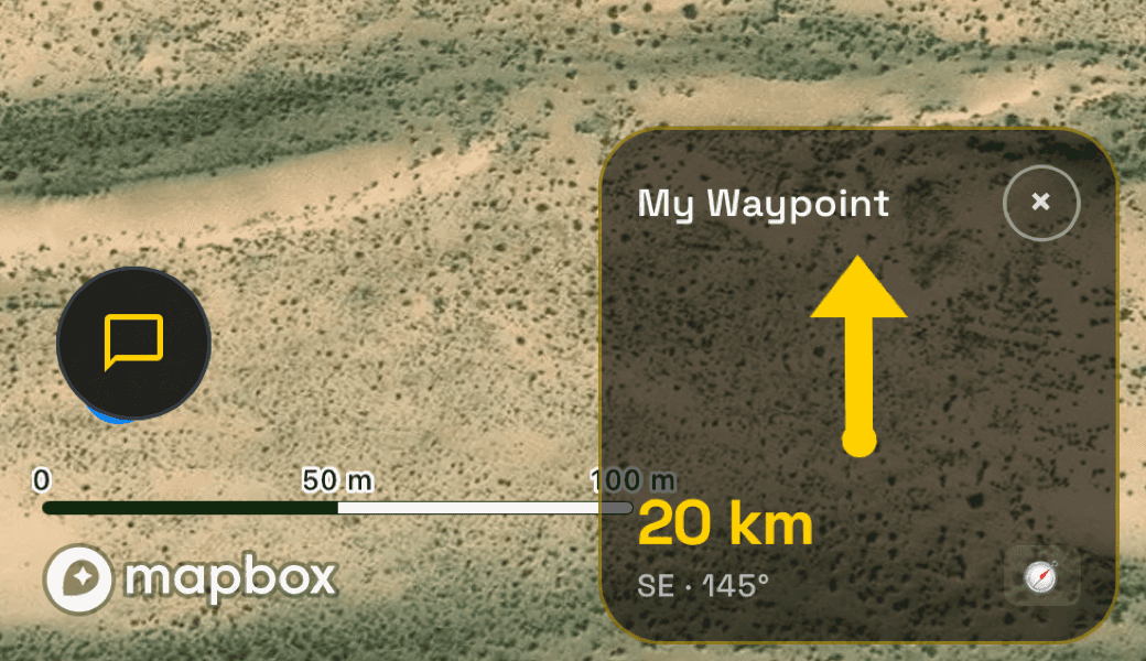 A dropped waypoint on the map, with a card showing a yellow arrow pointing towards it and the distance, 20 km