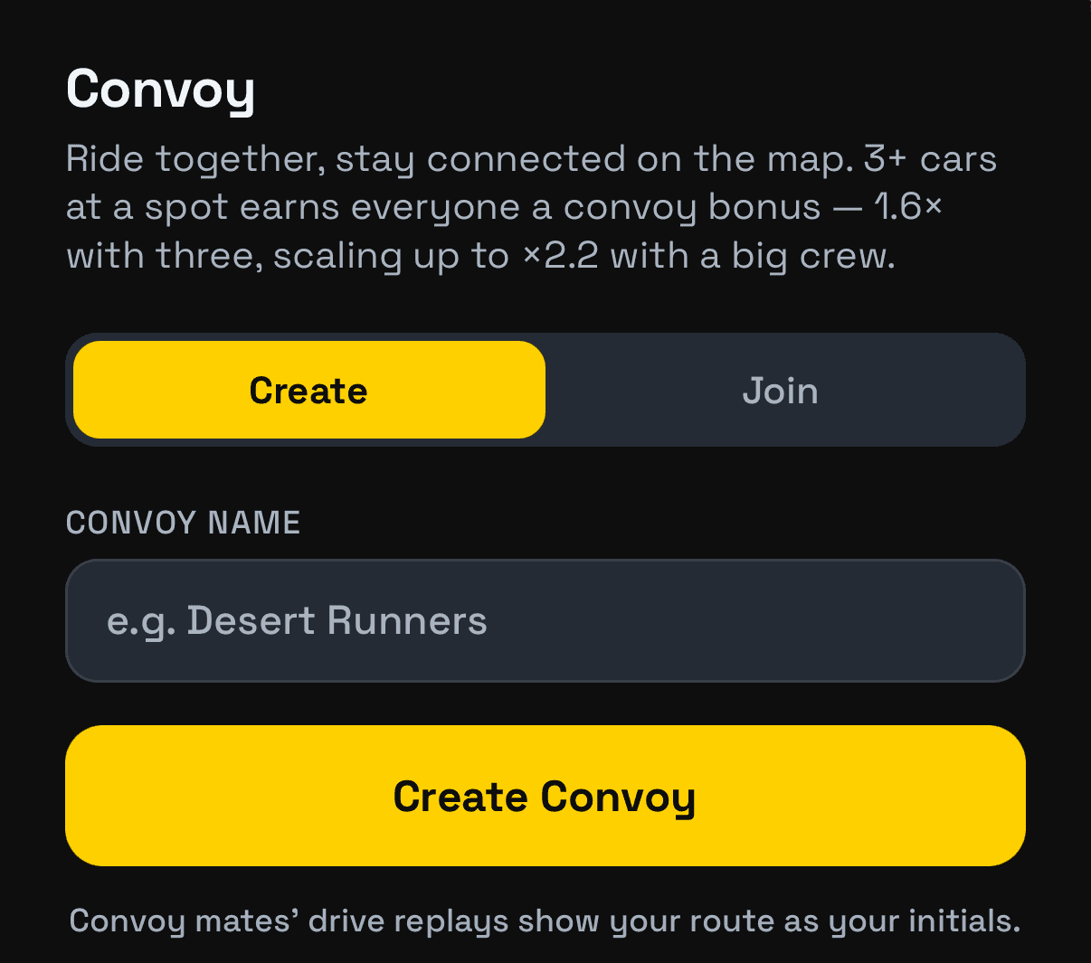 The Convoy sheet: Create or Join, a convoy name field and a Create Convoy button