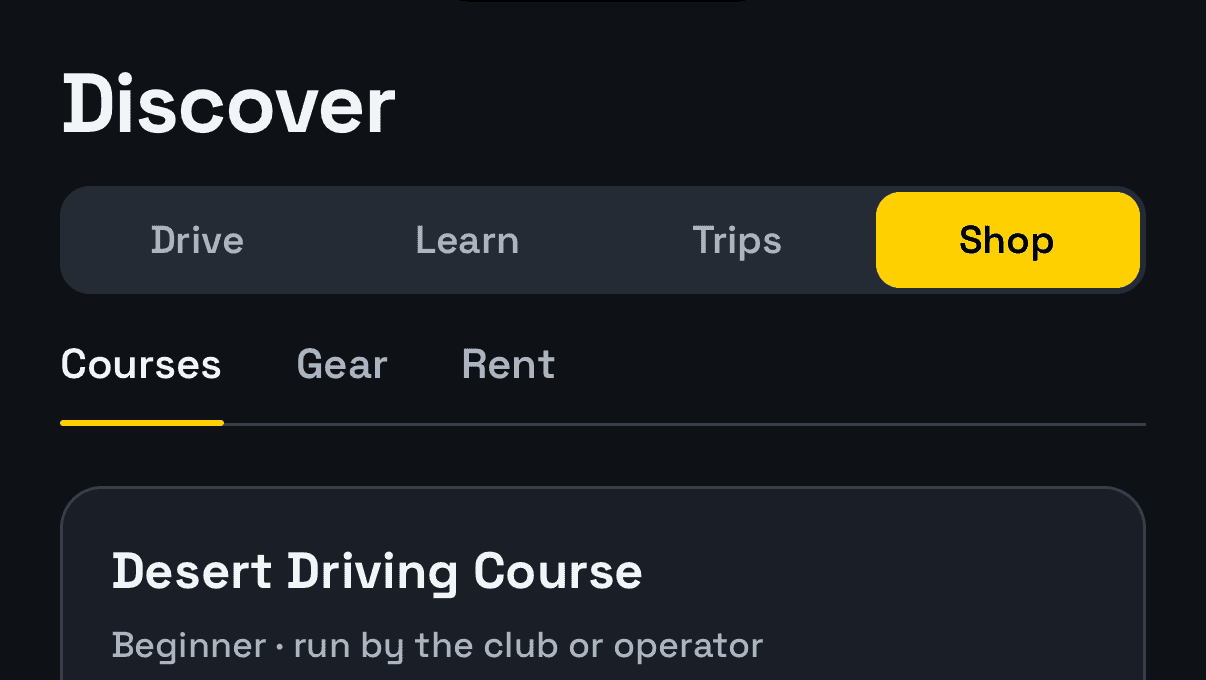 Discover, Shop, Courses: the Desert Driving Course card, "Beginner · run by the club or operator"