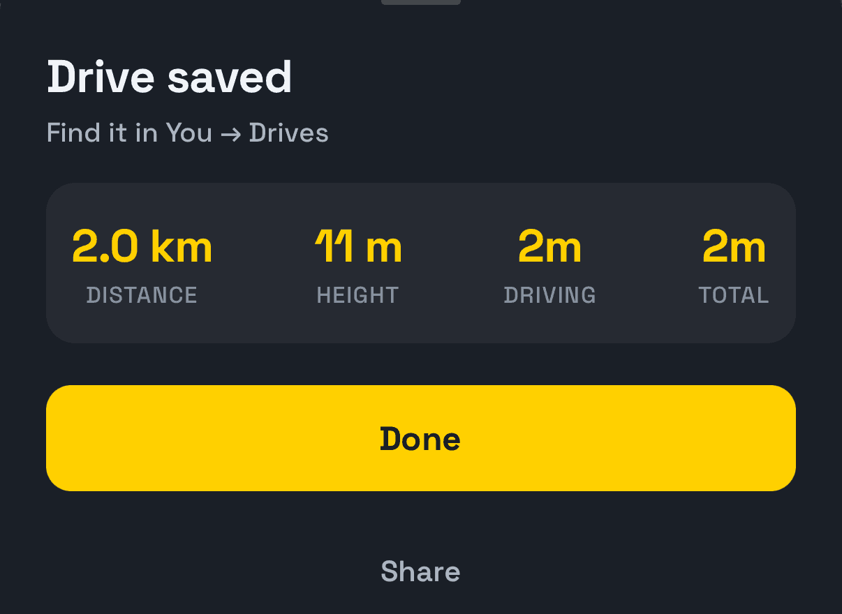 The "Drive saved" sheet with distance 2.0 km, height 11 m, driving time 2 minutes and total time 2 minutes