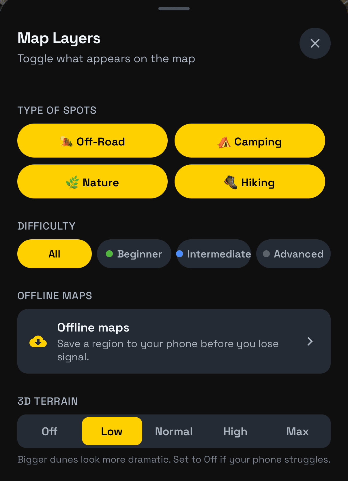 The Map Layers sheet: spot types (Off-Road, Camping, Nature, Hiking), a difficulty filter (All, Beginner, Intermediate, Advanced), offline maps and 3D terrain
