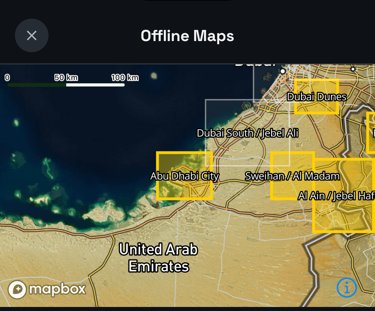 The Offline Maps screen: a map of the UAE with the downloadable regions outlined, such as Dubai Dunes, Abu Dhabi City, Sweihan / Al Madam and Al Ain