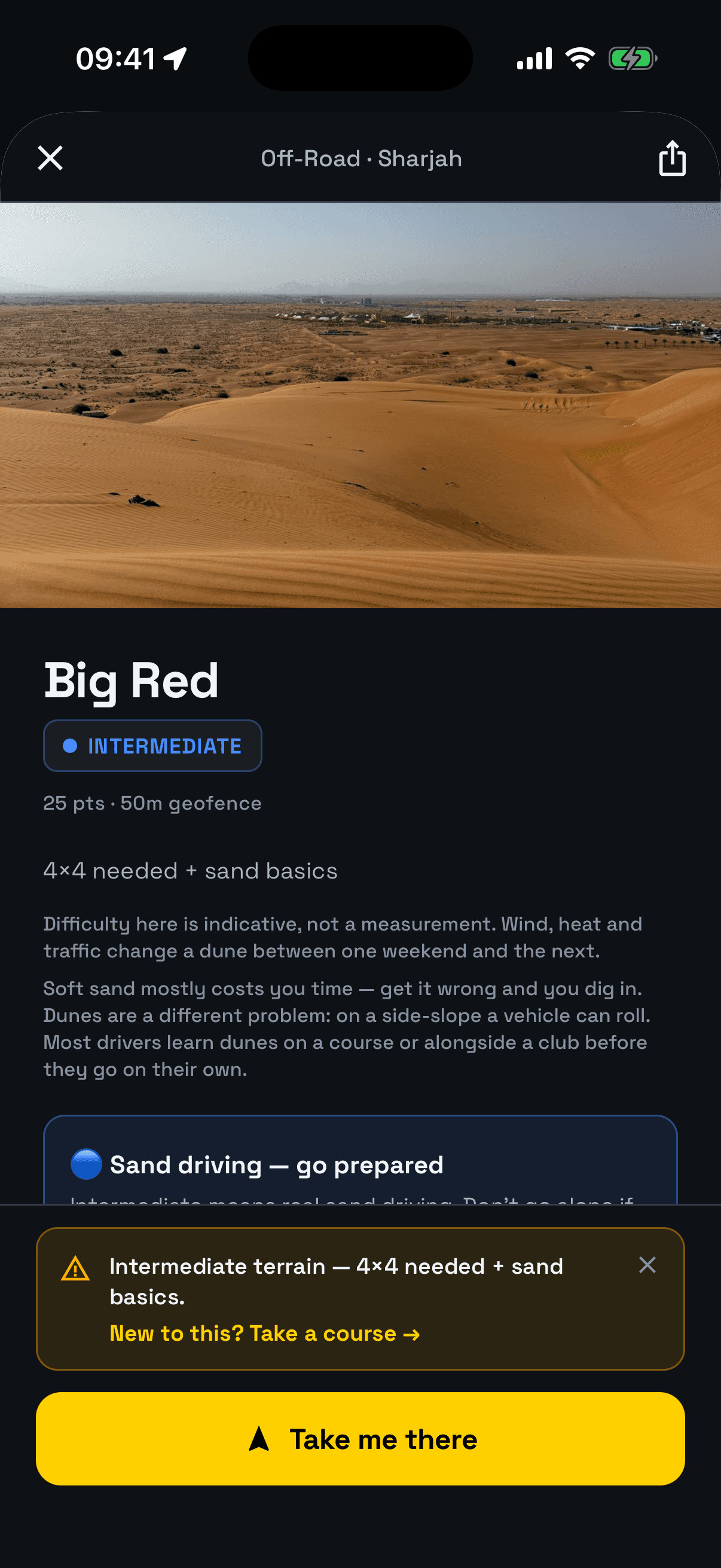 The Big Red spot in the app: Off-Road · Sharjah, the Intermediate grade, 25 points, '4x4 needed + sand basics', and 'Difficulty here is indicative, not a measurement', with a Take me there button