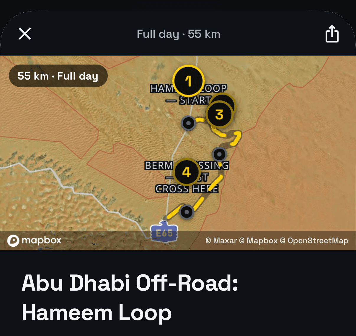 The Hameem Loop trip in the app: a map with numbered stops along the loop, the day length (55 km, full day) and the trip title