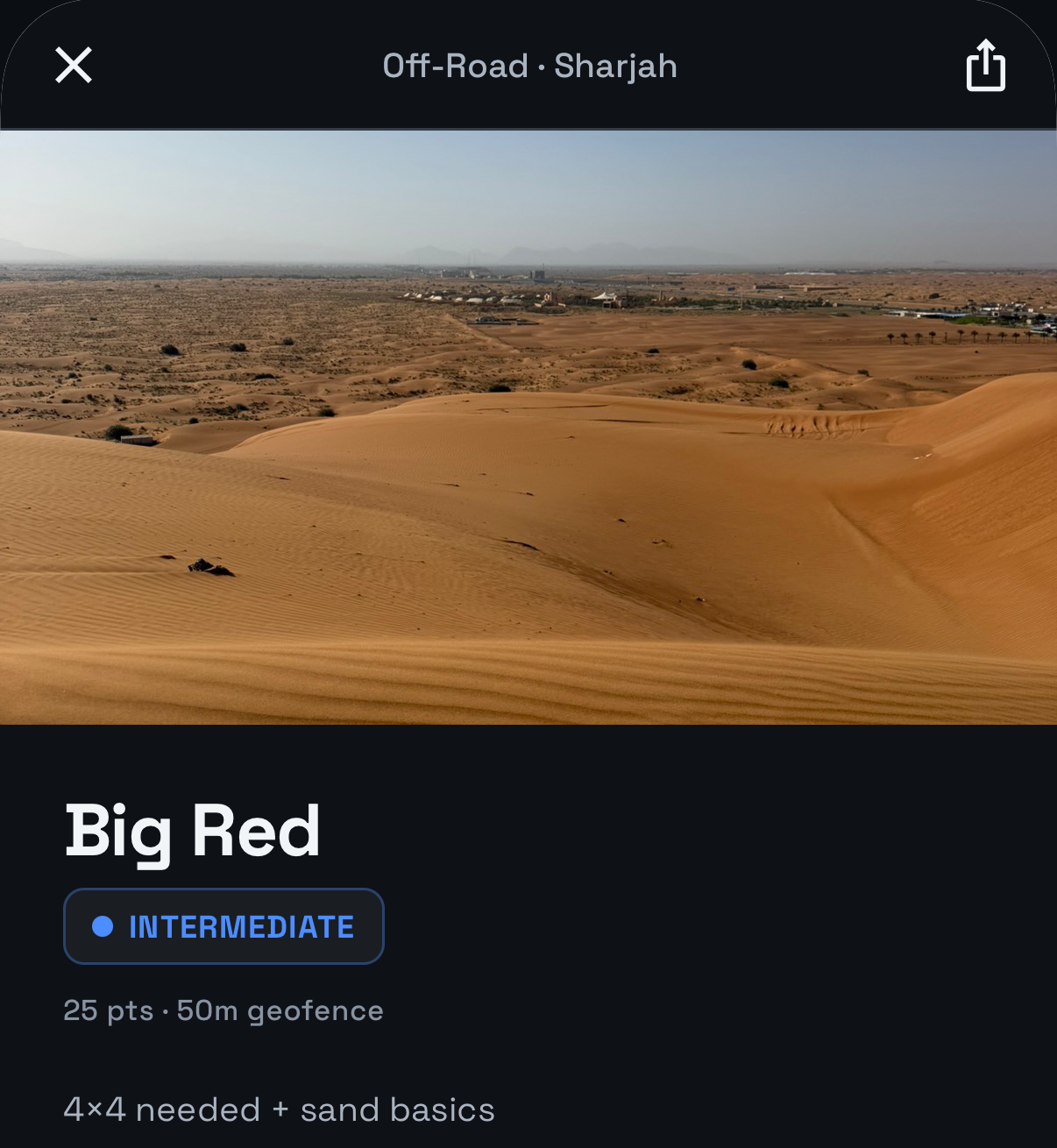 A spot page in the app: a photo of Big Red, "Off-Road · Sharjah", an Intermediate grade and "4×4 needed + sand basics"
