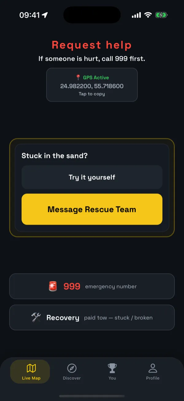 The app's Request help screen, offering two choices: try it yourself, or message a rescue team