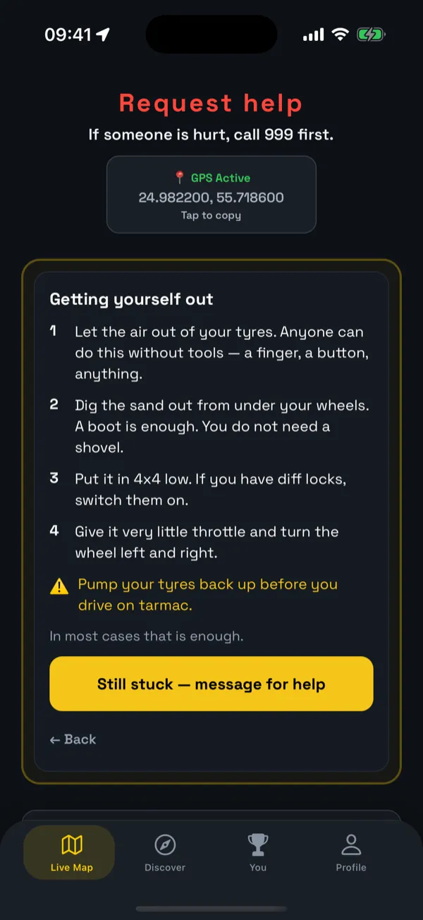 The app's self-recovery steps: let air out of the tyres, dig the sand from under the wheels, use 4x4 low, and give it very little throttle while turning the wheel
