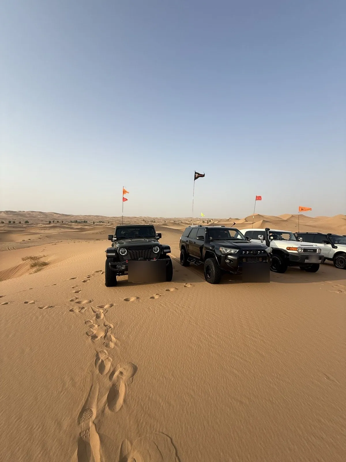Flagged 4x4s lined up on the Sweihan sand at the start of a drive